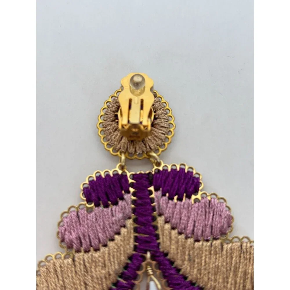 Mercedes Salazar Curubas Drop Earrings Burgundy Tassel Trim Bohemian Clip On - Picture 9 of 9